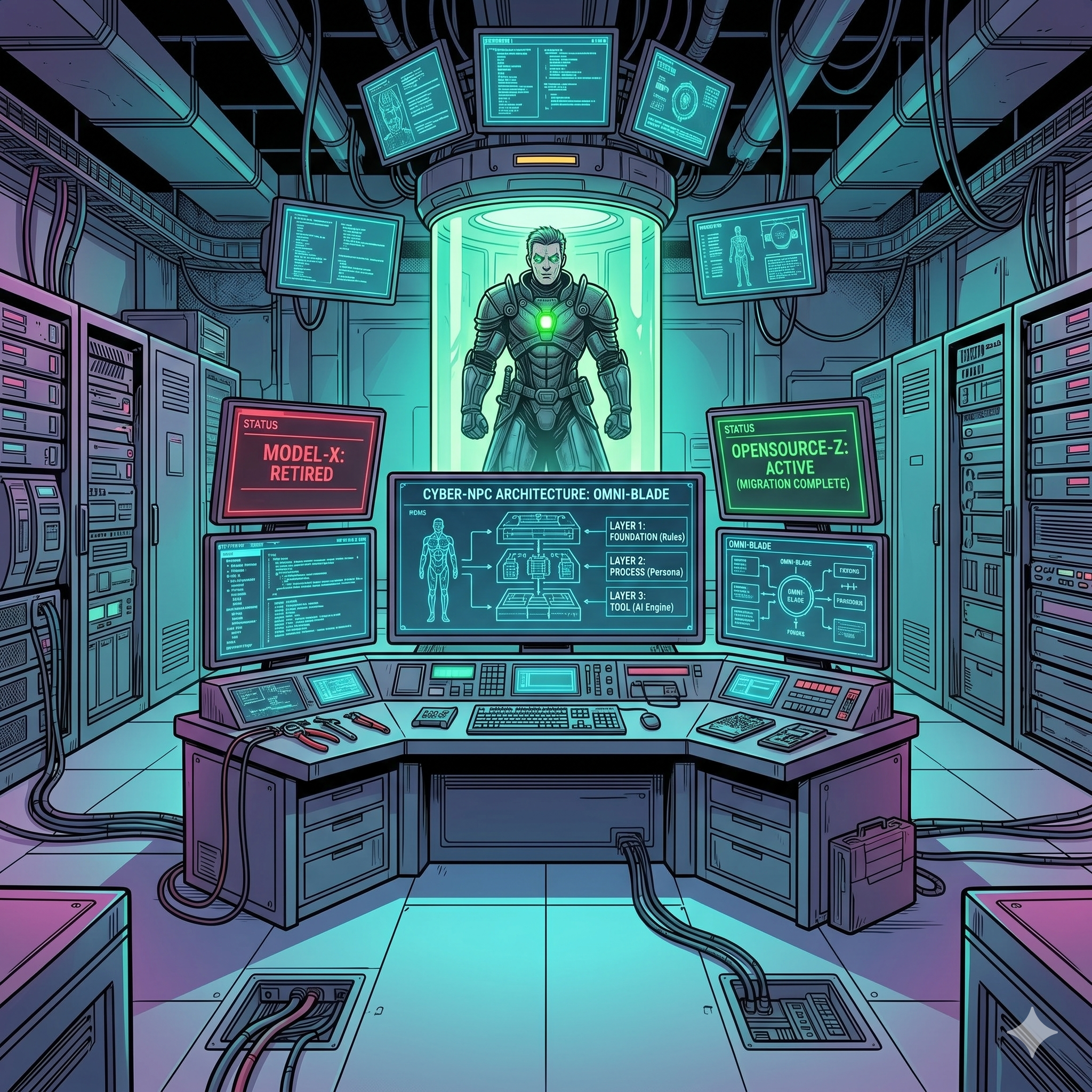 Comic panel: an armored NPC in a server room as one AI model is retired and another goes active